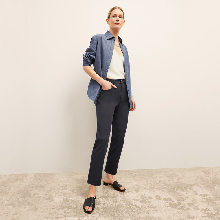 front image of a woman wearing the siobhan top in clear blue