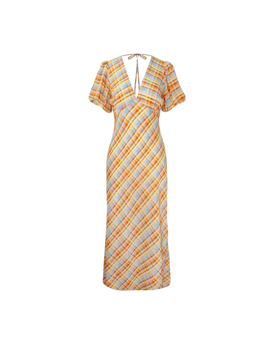 UMA SILK DRESS YELLOW TARTAN