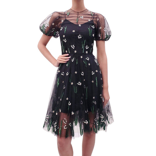 VALENTINO BLACK BEADED TULLE MINI DRESS - SIZE 40