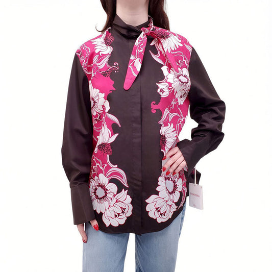 VALENTINO BROWN AND PINK FLORAL PATTERNED SILK BLOUSE - SIZE 40