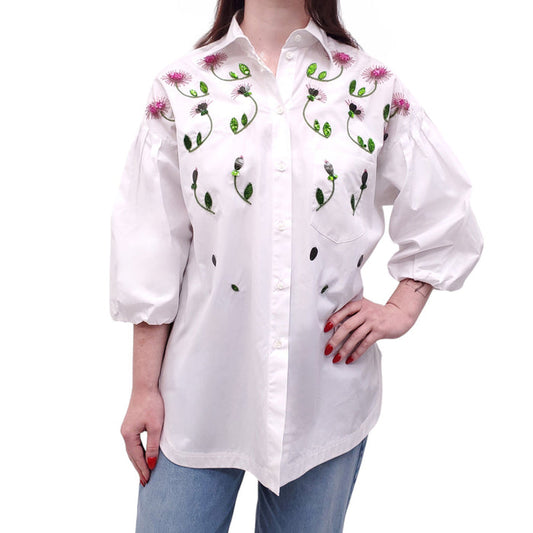 VALENTINO WHITE BLOUSE WITH EMBROIDERED BEADED FLORAL PATTERN - SIZE 42