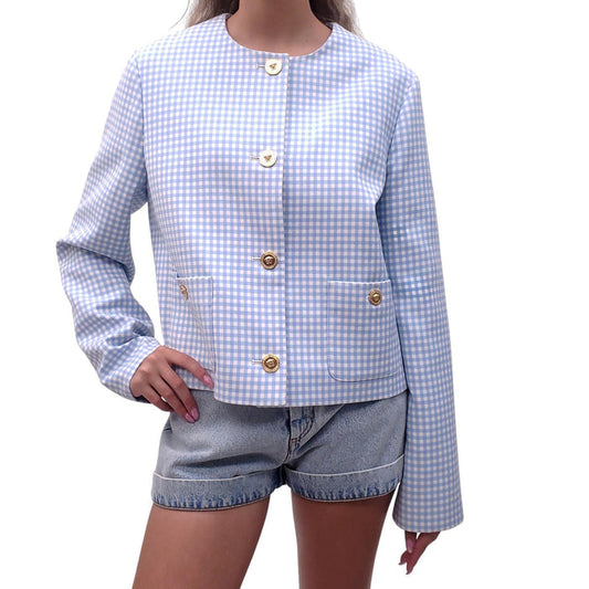 VERSACE BLUE GINGHAM JACKET WITH MEDUSA BUTTONS - SIZE 48