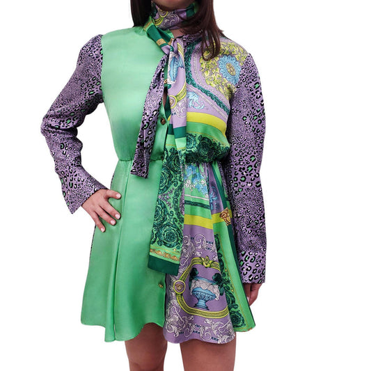 VERSACE GREEN LEOPARD DRESS WITH TIE DETAIL - SIZE 38
