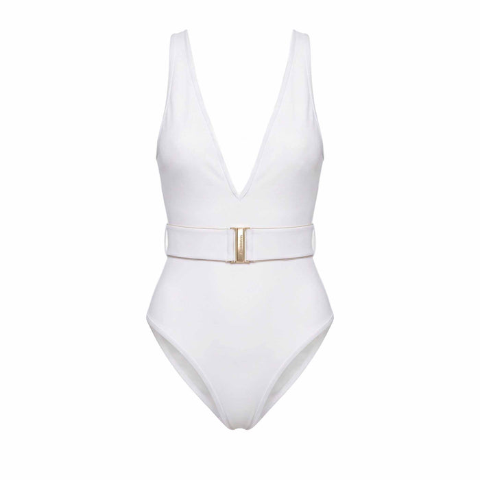 ZIMMERMANN WHITE 'JEANNIE' BELTED PLUNGE ONE-PIECE SWIMSUIT - SIZE 0 (US 4)