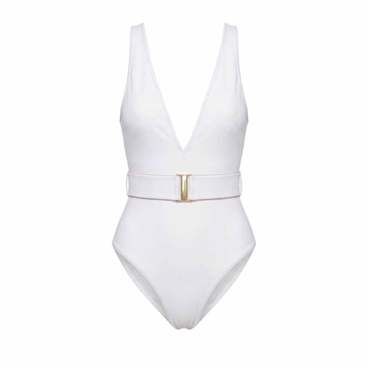 ZIMMERMANN WHITE 'JEANNIE' BELTED PLUNGE ONE-PIECE SWIMSUIT - SIZE 0 (US 4)
